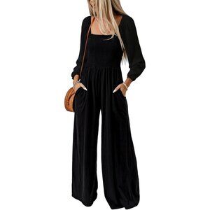 Women Black One Piece Long Sleeve Wide Leg Long Pant Rompers With Pockets